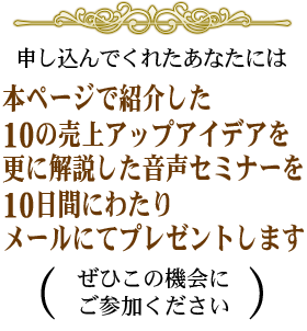 申込んでくれたあなたには本ページで紹介した10の売上アップアイデアを更に解説した音声セミナーを10日間に渡り、メールにてプレゼントします。