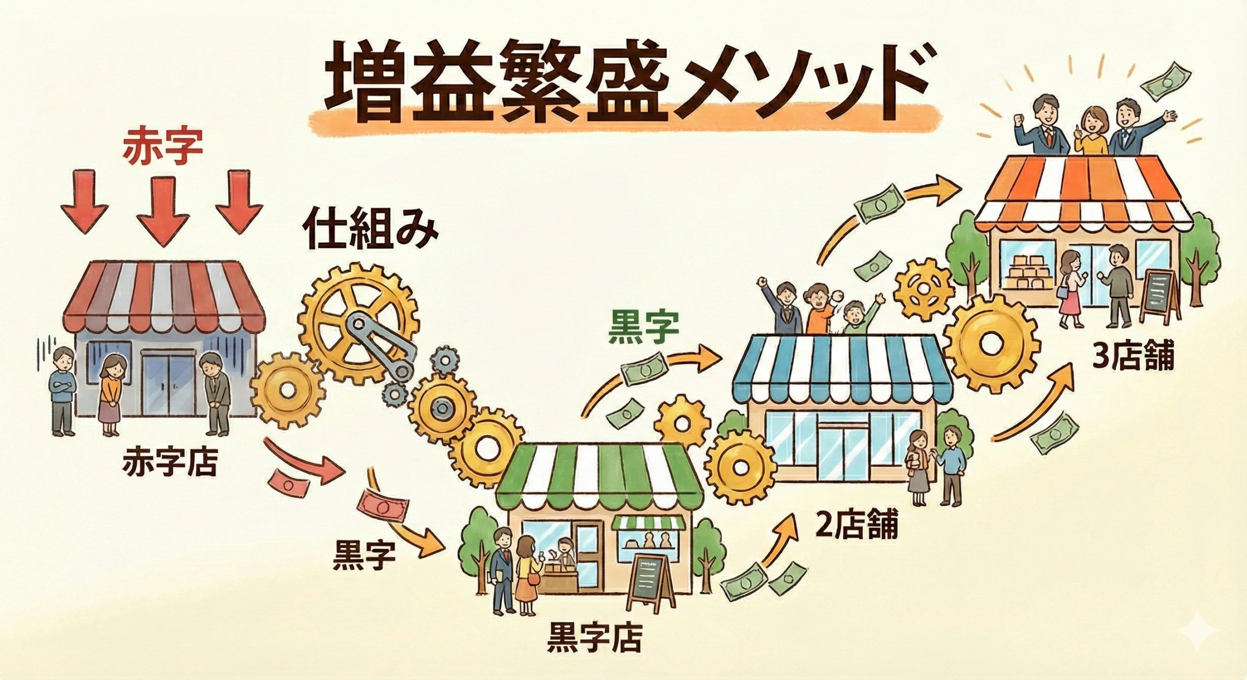 増益繁盛クラブ 店舗成長の3ステップ イメージ図