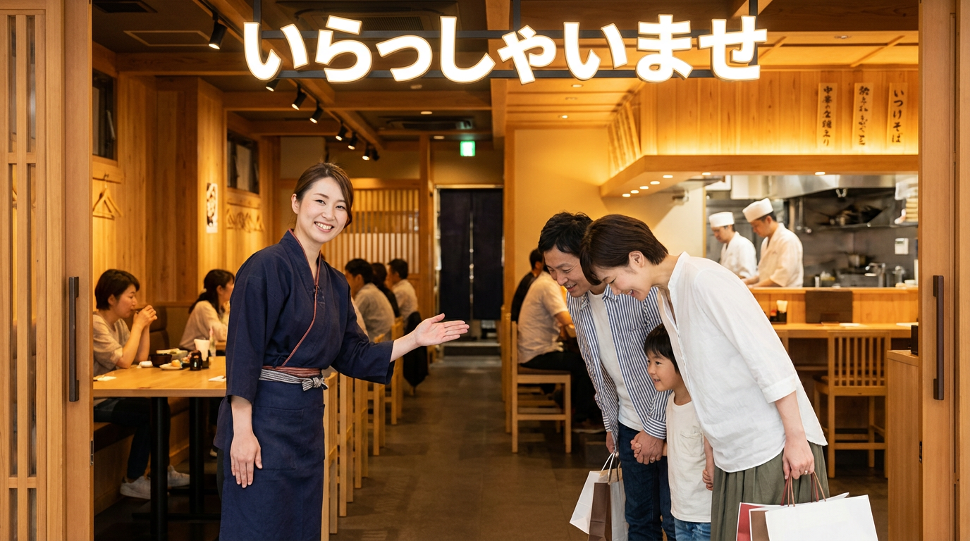 笑顔で接客する経営者